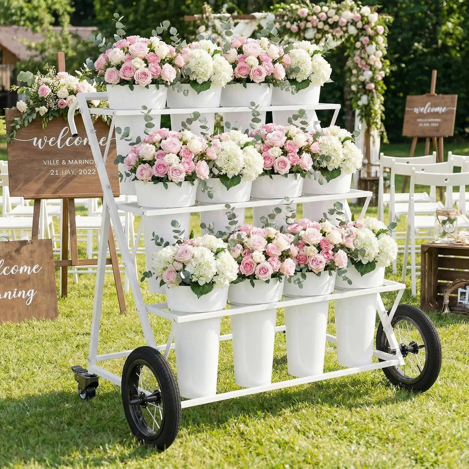 White 3-Tier Metal Rolling Flower Display Stand with 12 Buckets Wheeled Florist Bouquet Cart Large Wheels Mobile Flower Shelf for Indoor Outdoor Garden Patio Wedding