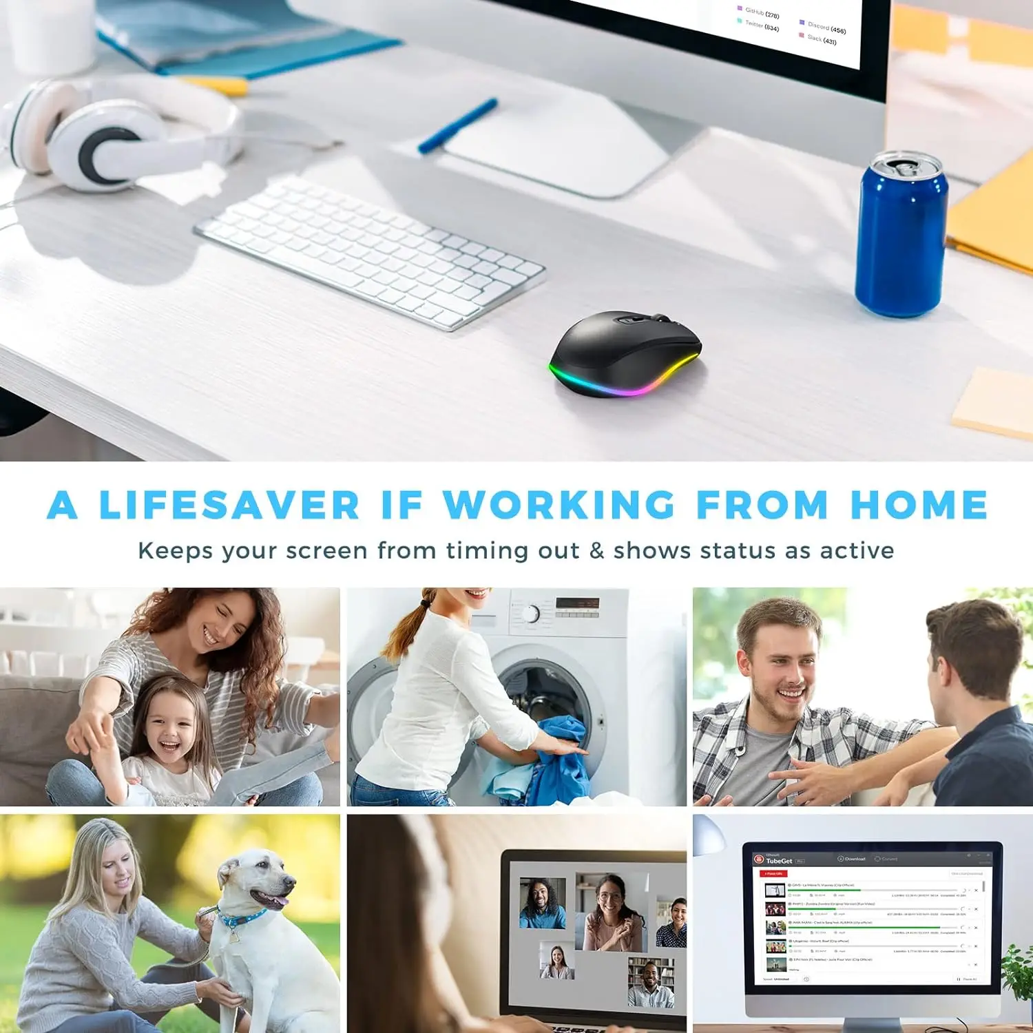 SEENDA 2.4G USB 무선 마우스 감지 불가능 마우스 움직임 시뮬레이션으로 컴퓨터 깨우기 노트북 PC용 충전식 LED 마우스