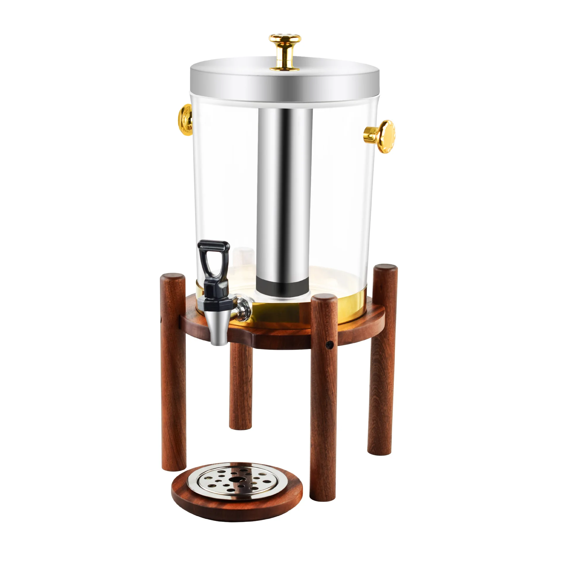 Wooden hot and cold juice tripod commercial self-service beverage machine visual with faucet 8L milk juice bucket