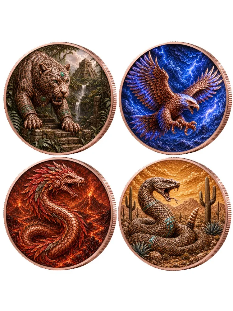 4er-Set 5OZ 999 Feinkupfermünzen Maya-Mythologie-Serie: Jaguar, Adler, gefiederte Klapperschlange – Hochrelief-Wildtier-Sammlermünzen als Geschenk