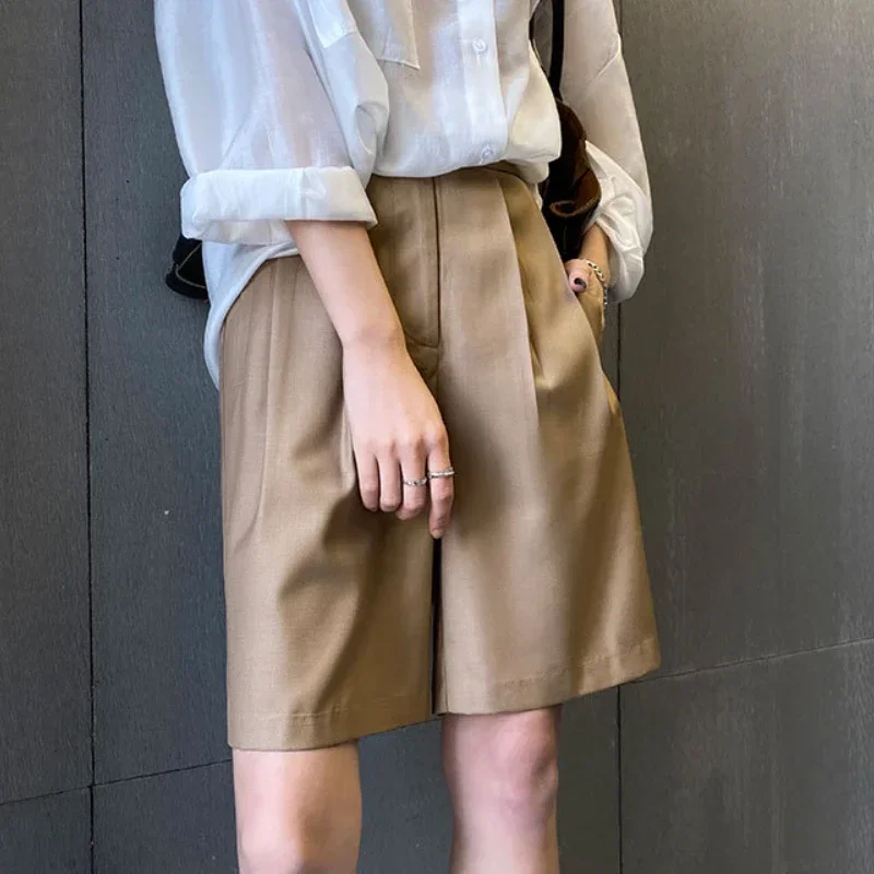 Frühling Sommer Mode Damen Breite Bein Anzüge Shorts Casual Hohe Taille Doppel Taste Einfarbig Gerade Büro Dame Shorts Hosen