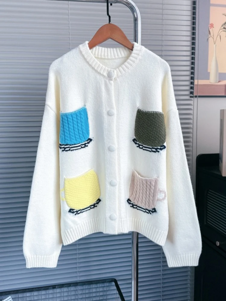 

Korean Fashion Cardigan Single Breasted O Neck Pockets Contrast Color Design Sweaters 2025 New Knit Tops Loose Women's Clothing