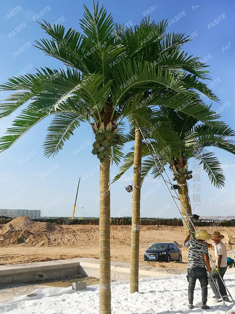 Simulation of coconut trees, large artificial landscape trees, tropical green plants, decorative fake coconut leaves