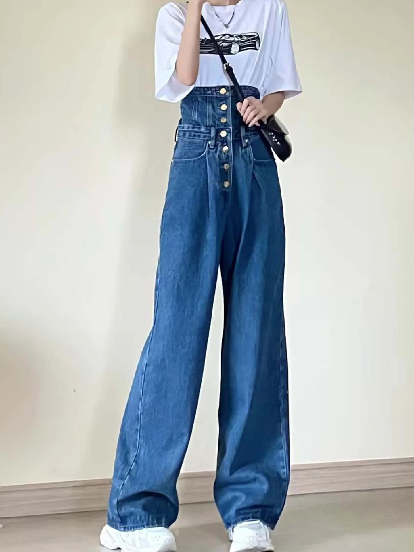 

High Waist Wide Leg Jeans Women Loose Fit Slimming Summer New Style Distressed Button Closure Classic Blue Denim Pants