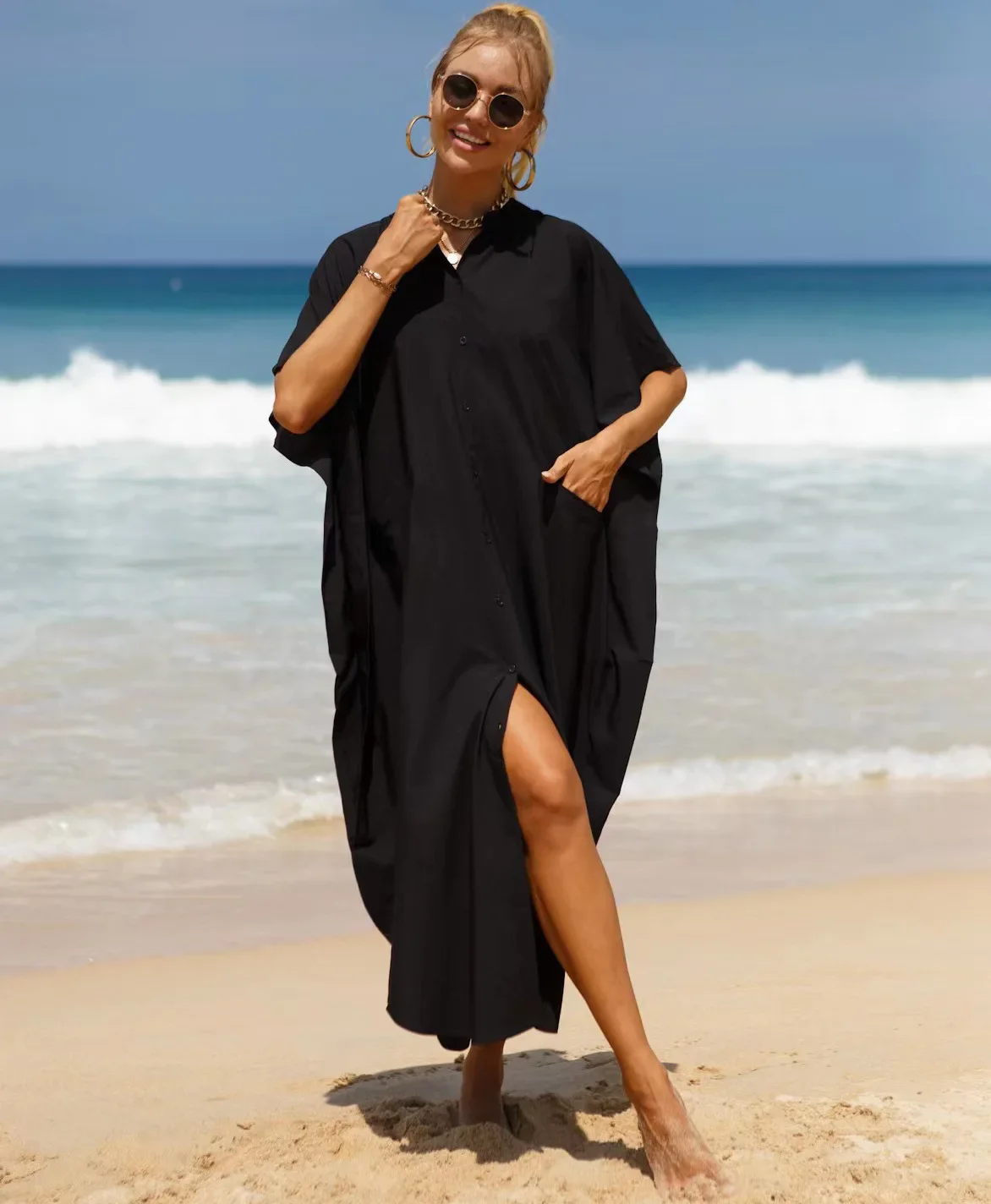 Robe longue de plage en coton pour femmes, tunique, t-shirt, blanc, noir, caftan, printemps, été