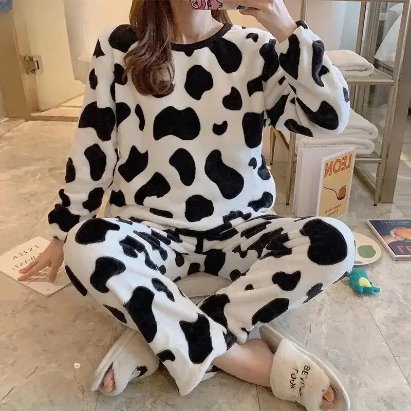 Sweet Women\'s Pajamas Set O-Neck Long Sleeve Top Print Pullover Wide Leg Pants Set Casual Warm Winter New Warm Fleece Homewear