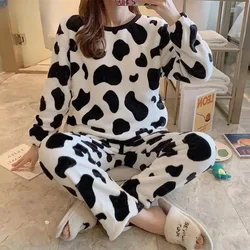 Sweet Women's Pajamas Set O-Neck Long Sleeve Top Print Pullover Wide Leg Pants Set Casual Warm Winter New Warm Fleece Homewear