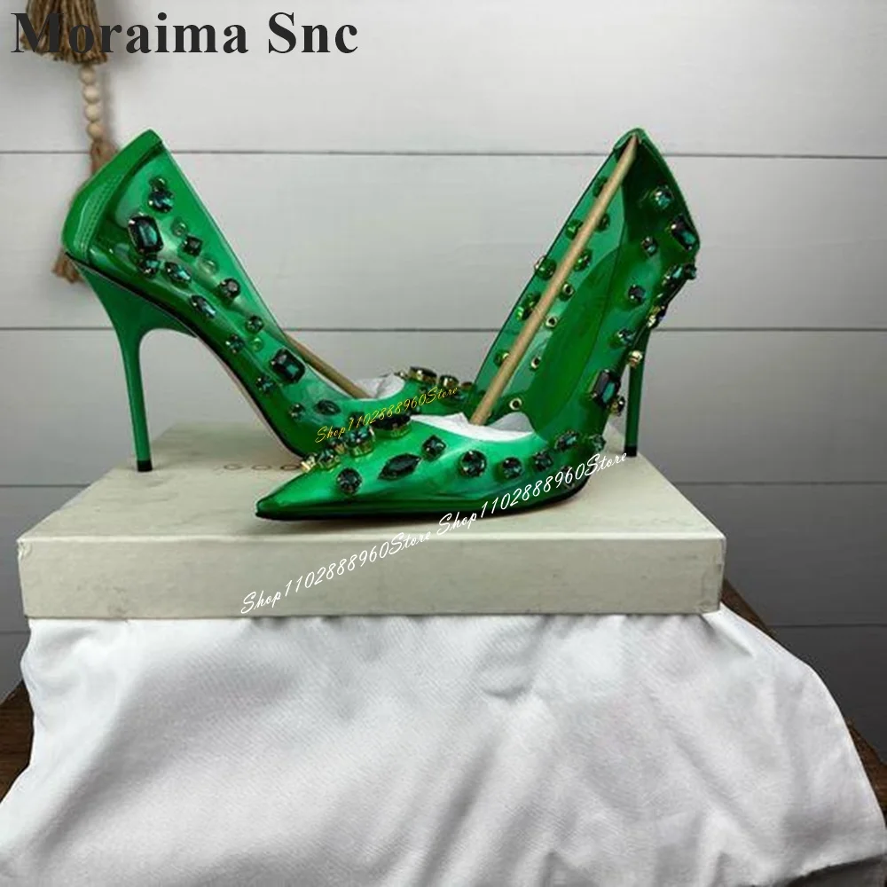 Sparkling Green PVC Crystal Decor Luxury Pumps Thin High Heel Women Shoes Slip On Pointed Toe 2024 Fashion Zapatos Para Mujere