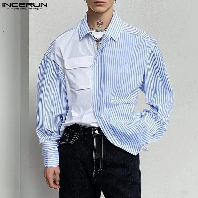 INCERUN Lapel Button Elegant Autumn Tops 2024 Casual Men Long Sleeve Tops American Style Fashion Contrasting Stripes Loose Shirt