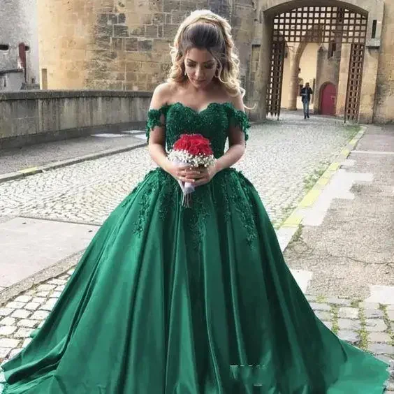 Customized Vestido De Noiva Off The Shoudler Wedding Dress Court Princess Green Lace Bridal GownBeads Robe De Mariee