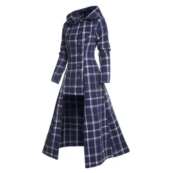 Dressfo Casual Plaid Print High Low Button Up Hooded Coat Full Sleeve Fashion Longline Coat For Winter 2023 New