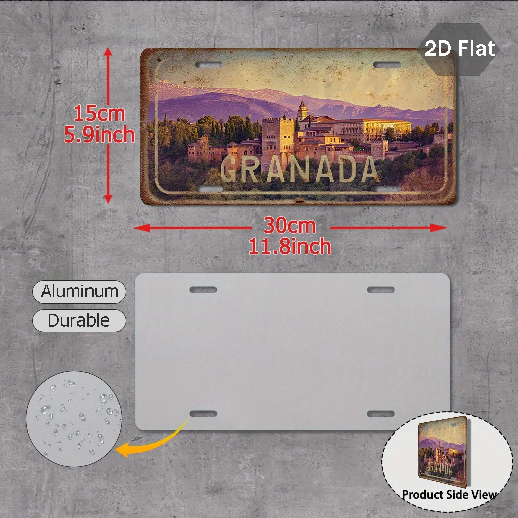 2D Flat Printing, 1pc, Vintage sign, only for decoration, Exterior Accessories (29.97cm x 14.99cm), Granada City Sign, Spanish R