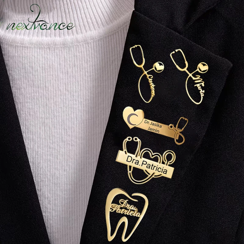 Nextvance Personalized Custom Name Stethoscope Teeth Brooch For Doctor Dentist Stainless Steel Emblem Accessories Jewelry Gifts