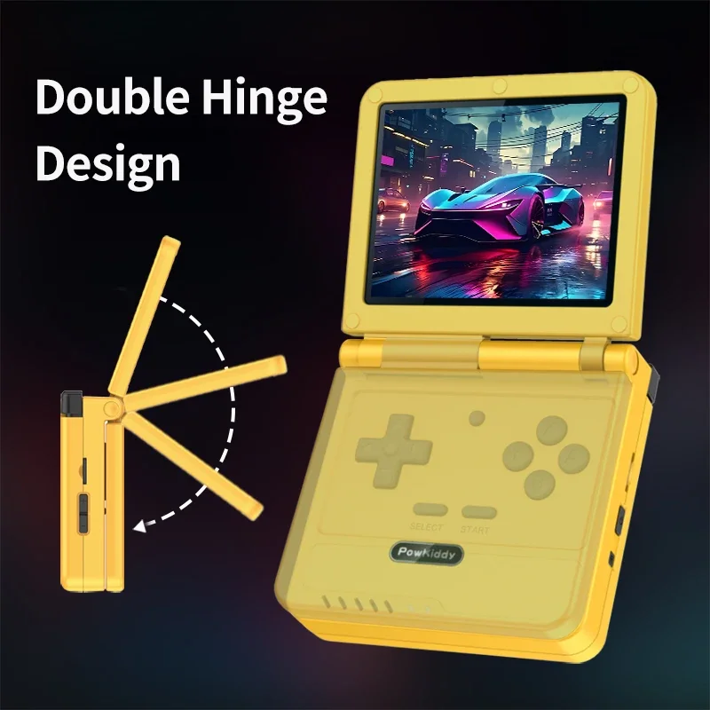 Powkiddy v90s retro flip console portátil duplo sistema aberto 3.5 Polegada 4:3 hd tela ips a133plus função de vibração presentes