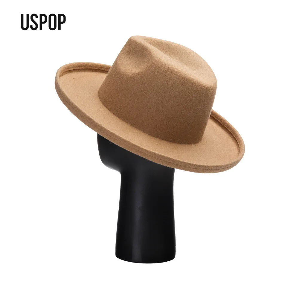

USPOP 100% Wool Plain Wide Brim Fedora Hat for Women Autumn Winter Solid Color Jazz Top Felt Hat with Adjustable Sweatband