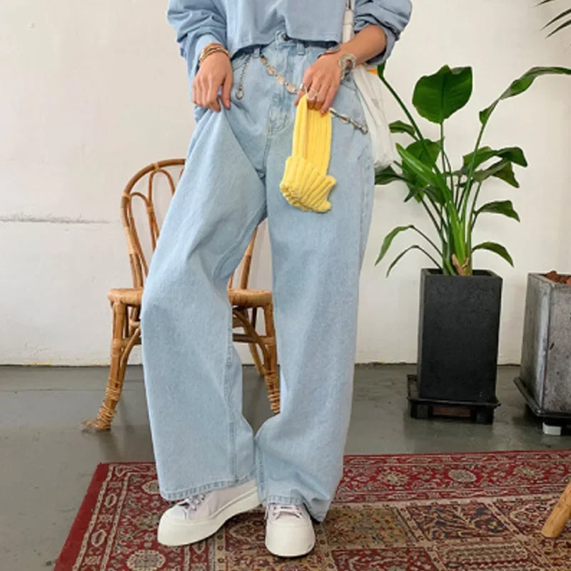 

Fashion Washed Light Blue Pants High-waisted Straight Korean Wide-leg Casual Trousers Mopping Pants Baggy Jeans Women Clothing