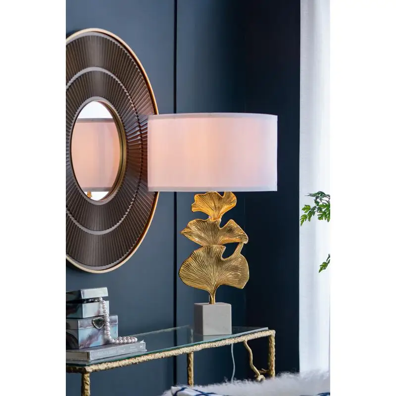 D17x30.2 ゴールドイチョウの葉テーブルランプ、大理石ベースと白いドラムシェード付き、組み立てが必要、家の装飾に最適なエレガントなデザイン。