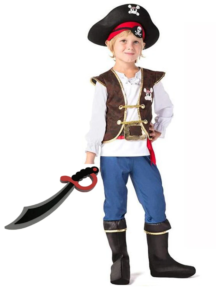 Kids Pirates Costume with knife Children\'s Day Boys Pirate Halloween Cosplay Set Birthday Party Outfit Pirate Christmas Theme