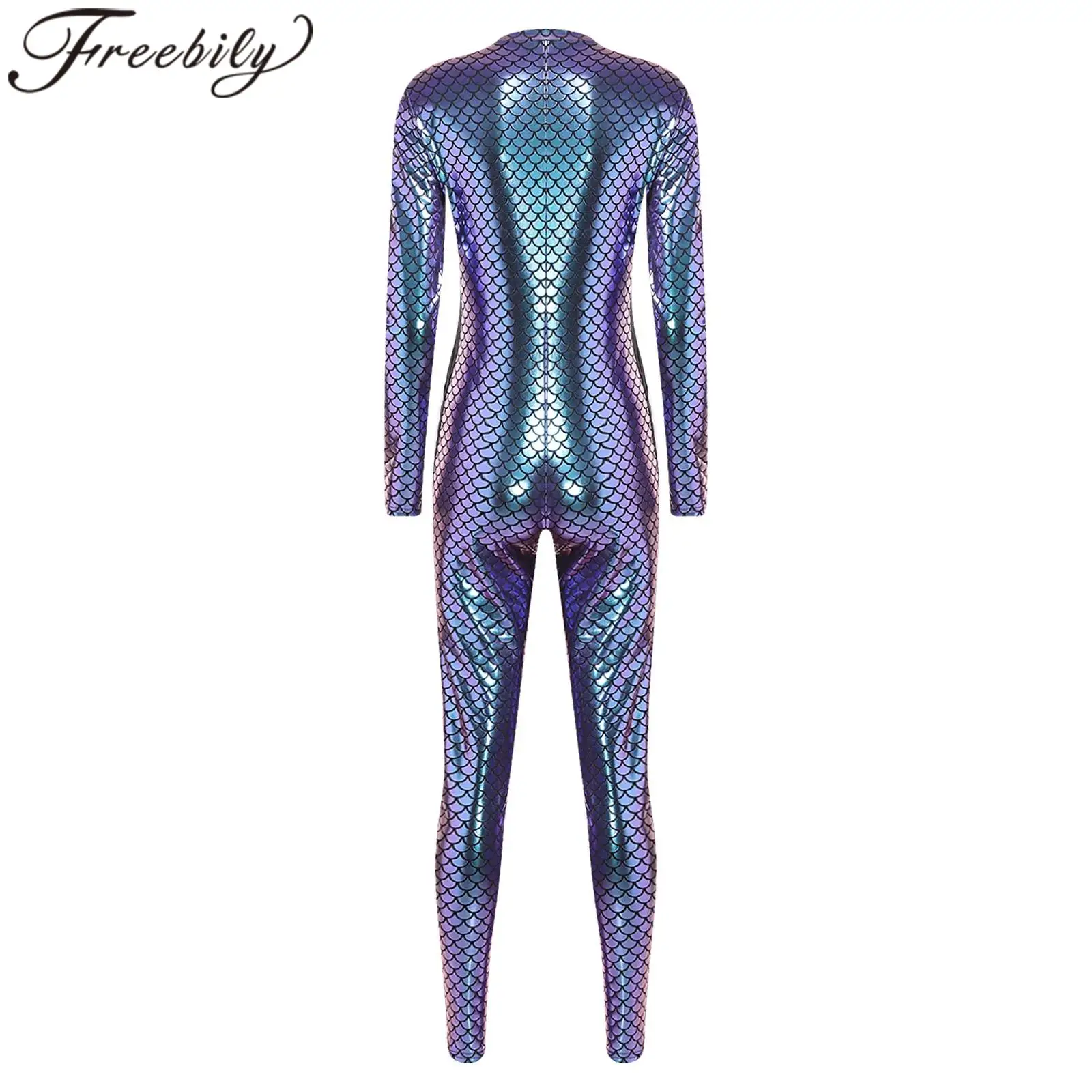 Womens Mermaid Fish-scale Print Metallic Shiny Jumpsuit Masquerade Leggings Full-body Bodysuit Unitard Princess Cosplay Outfit