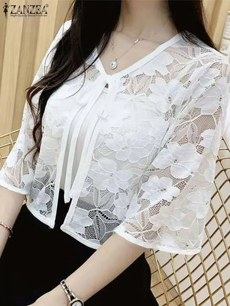 

ZANZEA Women Cardigans 2025 Fashion Open Stitch Summer Lace Tops Solid Casual Loose Lace-up Shirts See-through Beach Cardigan