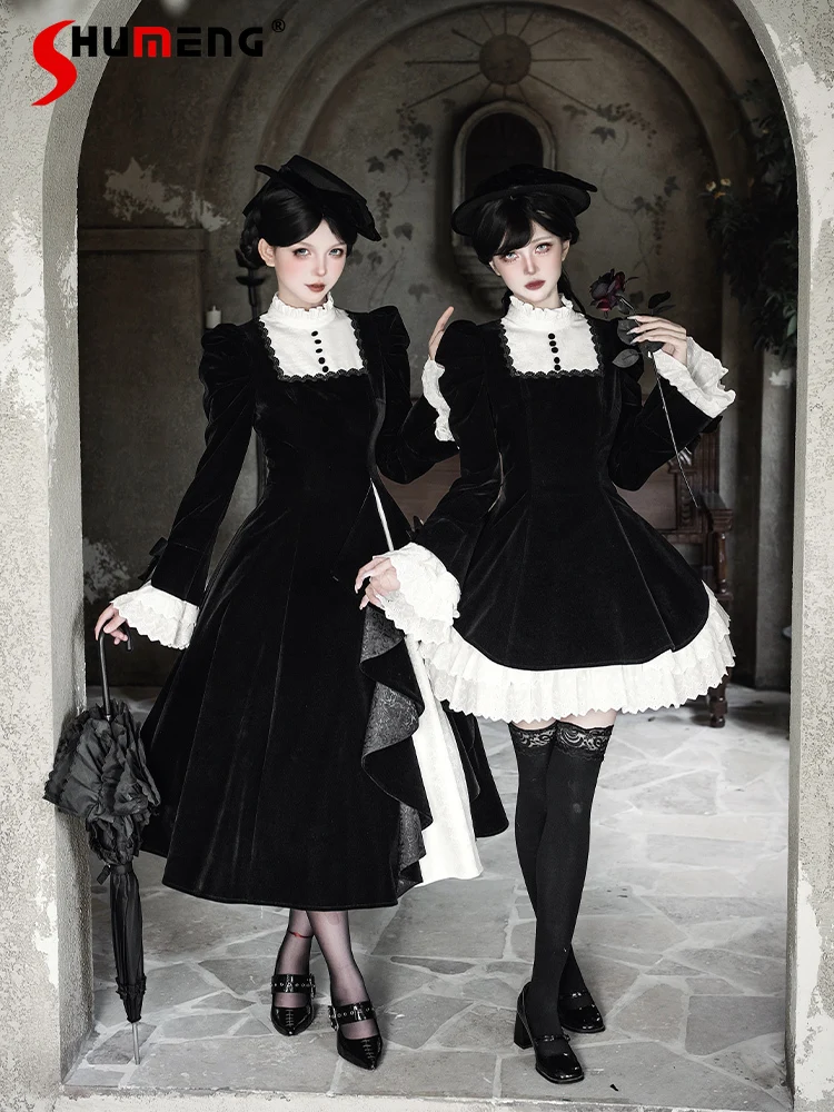 

Original Japanese Style Elegant Retro Stand Collar Long Sleeve Bow High Waist A-line Black Velvet Lolita Dress for Women Autumn
