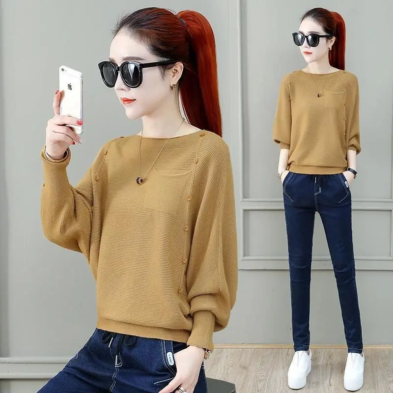 Simple Solid Color Fashion Batwing Sleeve Sweaters Spring Autumn Button Spliced Loose Ladies Elegant Round Neck Knitted Jumpers