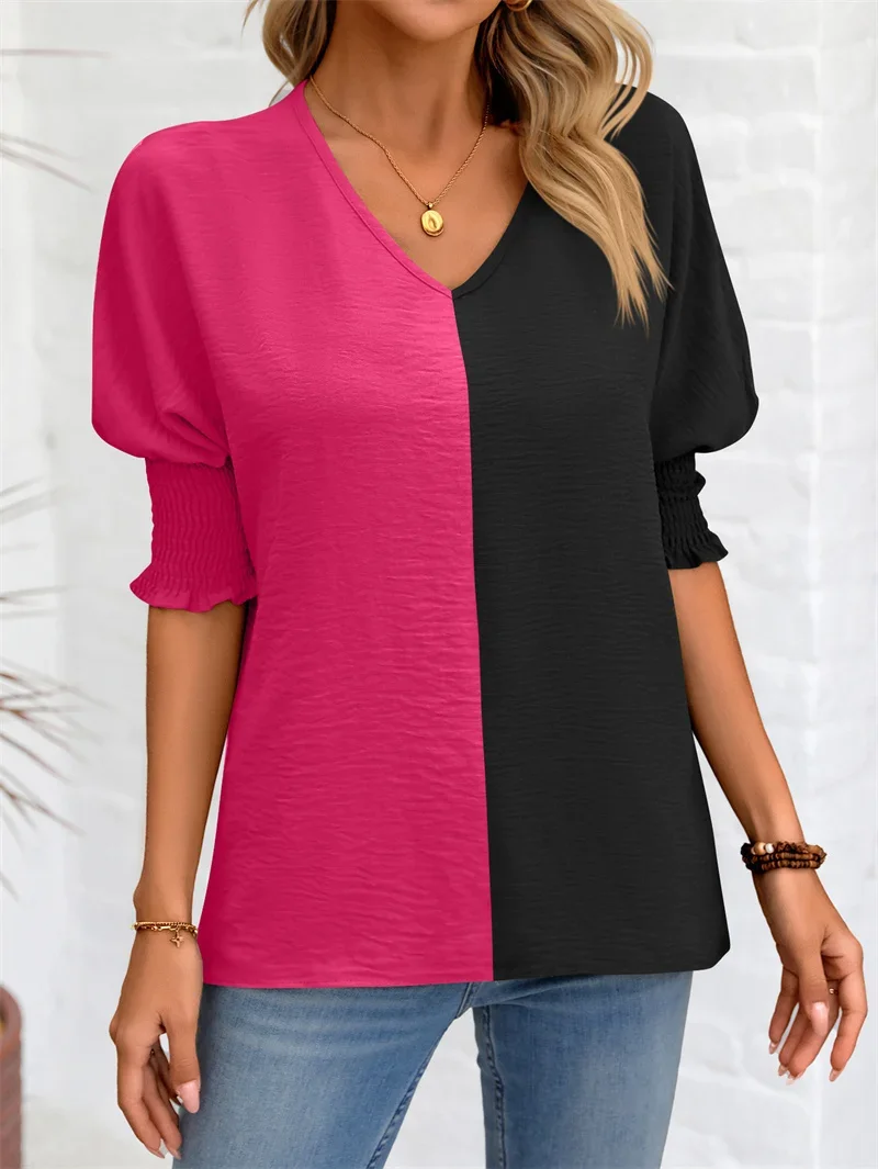 Fashion Colour Blocking Chiffon Shirt Women Stretch Pleated Batwing Sleeve Loose V Neck Blouse Female New Comfortable Casual Top