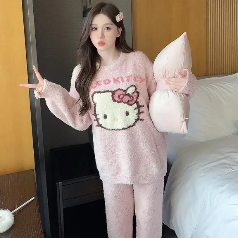 Cartoon Sanrio Hello Kitty Kawaii Pajama Set Cinnamoroll Autumn Winter Indoor Soft Loose Thicken Keep Warm Round Neck Pajamas