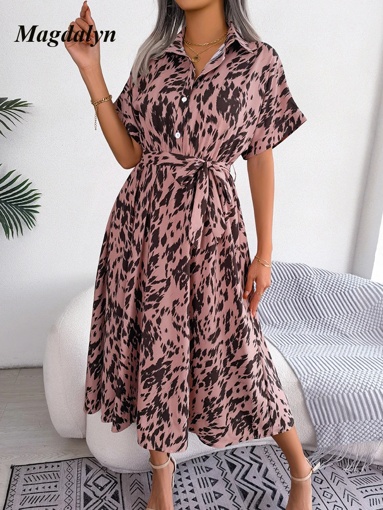 MagdalynLeopard Long Dress Women Fasion Street Loose Dresses Lace Up Elegant Ladies Dresses Basic A Line Button Shirt Dress Boho