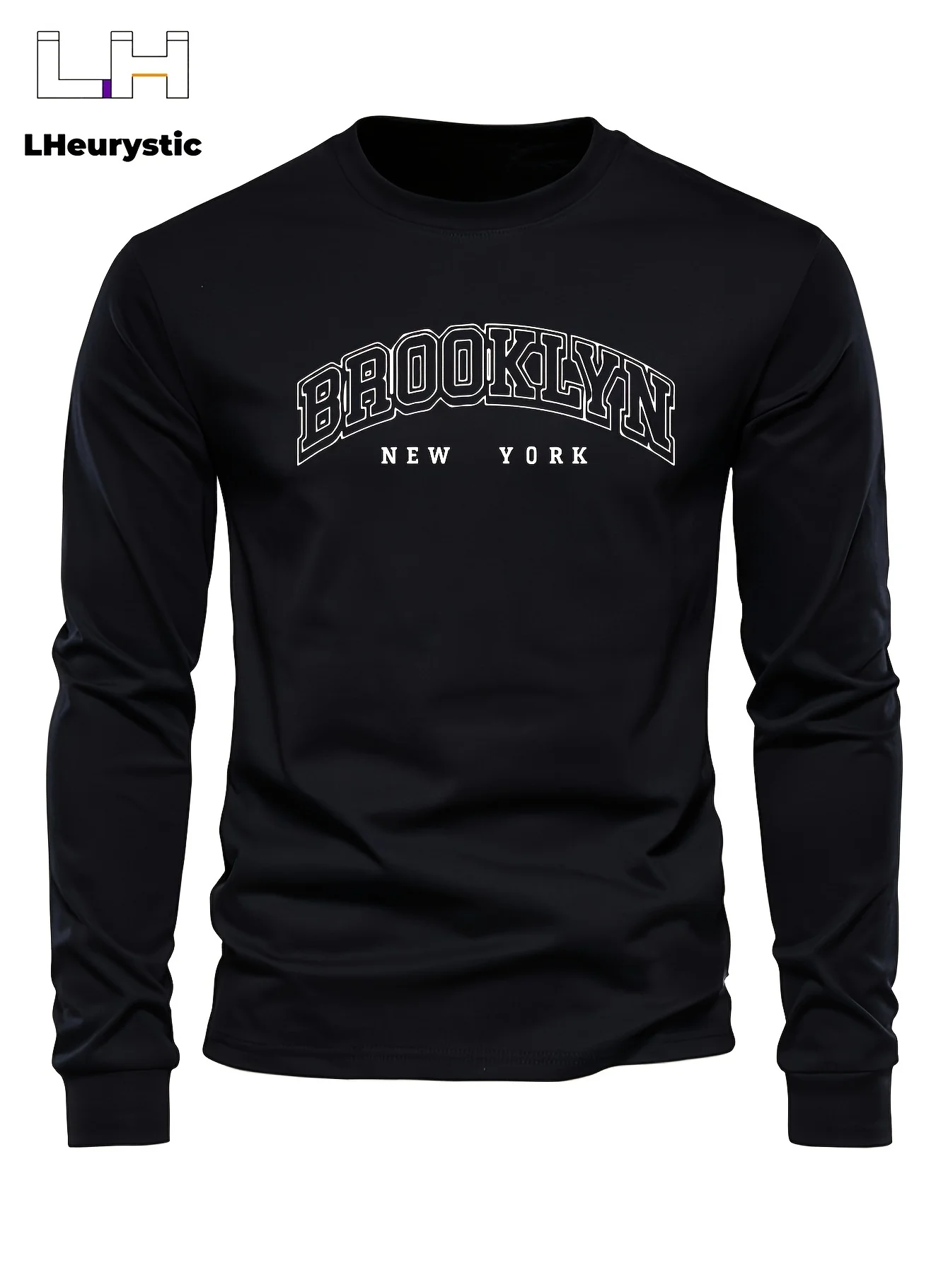 Men's 100% pure cotton long sleeved round neck loose Brooklyn print autumn/winter casual versatile T-shirt top
