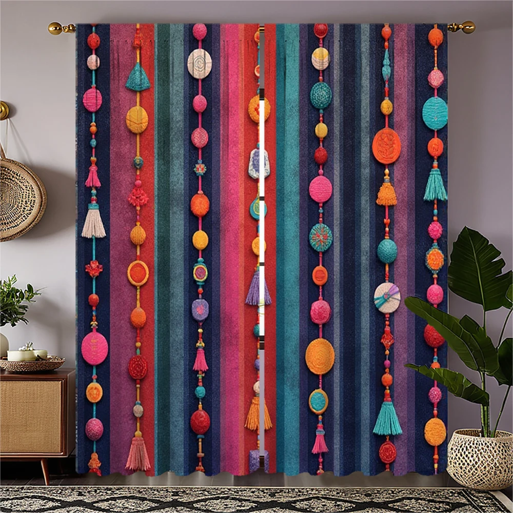 

2-piece set of high-definition digital printed curtainColorful Beaded Tassel Curtain Rod DecorHome decoration style