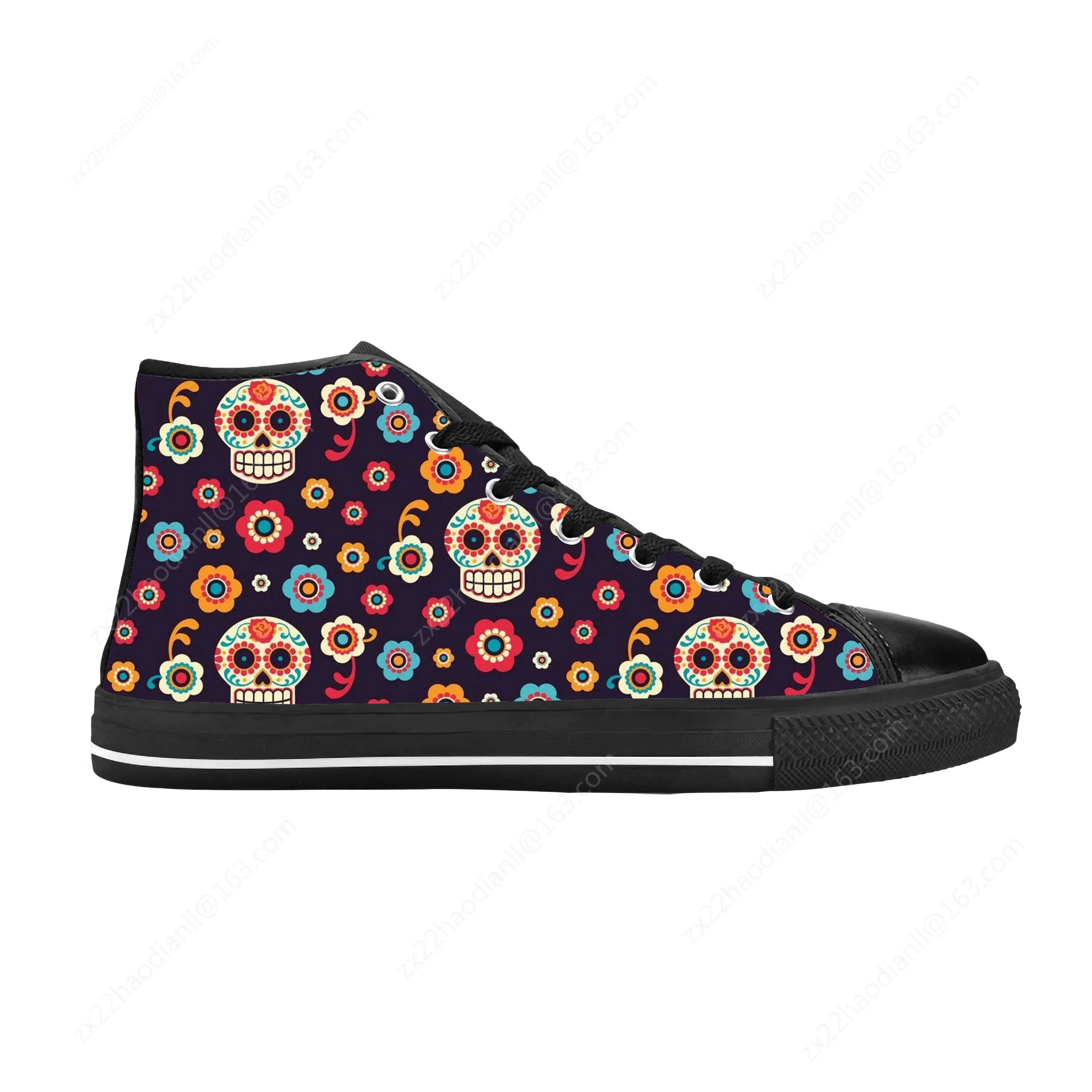 Sugar Skull All Souls Day Floral Skeleton Flowers Casual Cloth Shoes High Top Comfortable Breathable 3D Print Men Women Sneakers