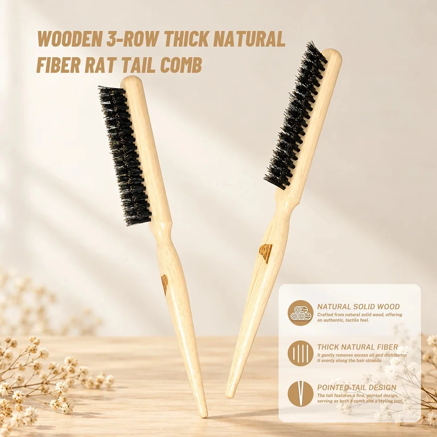 Wooden Boar Bristle Hair Brush Set, 3Pcs