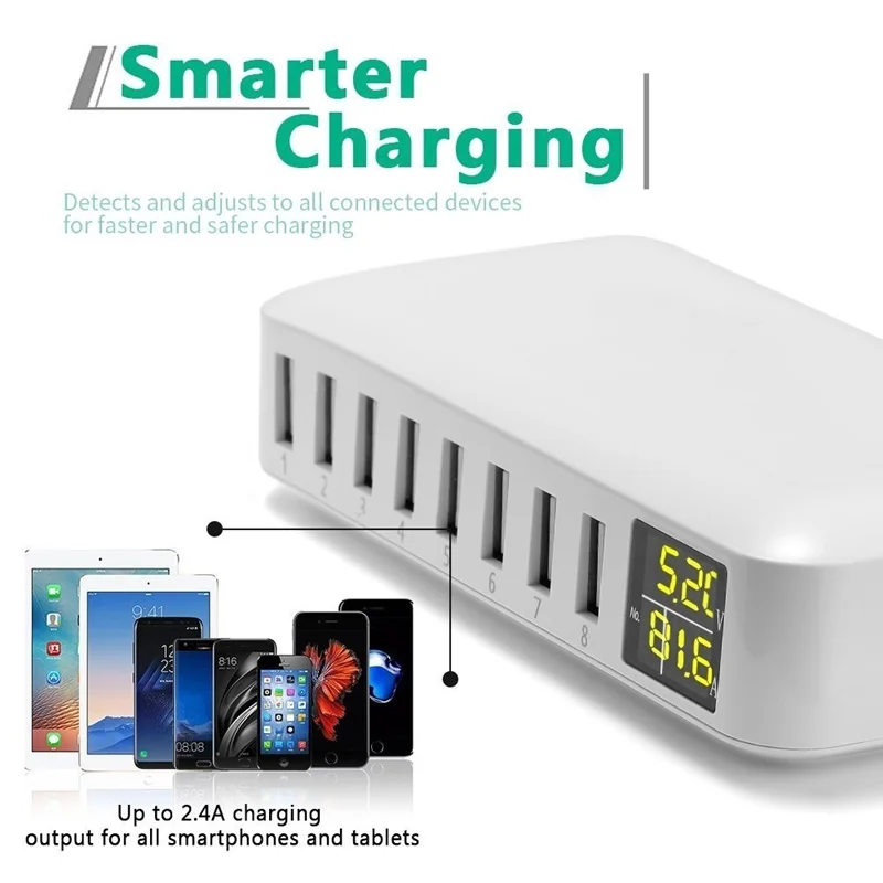 Multi 8 Port USB Fast Charger Desktop Phone Carregador LCD Display Charing station Dock HUB For Iphone 14 Samsung Xiaomi Tablet