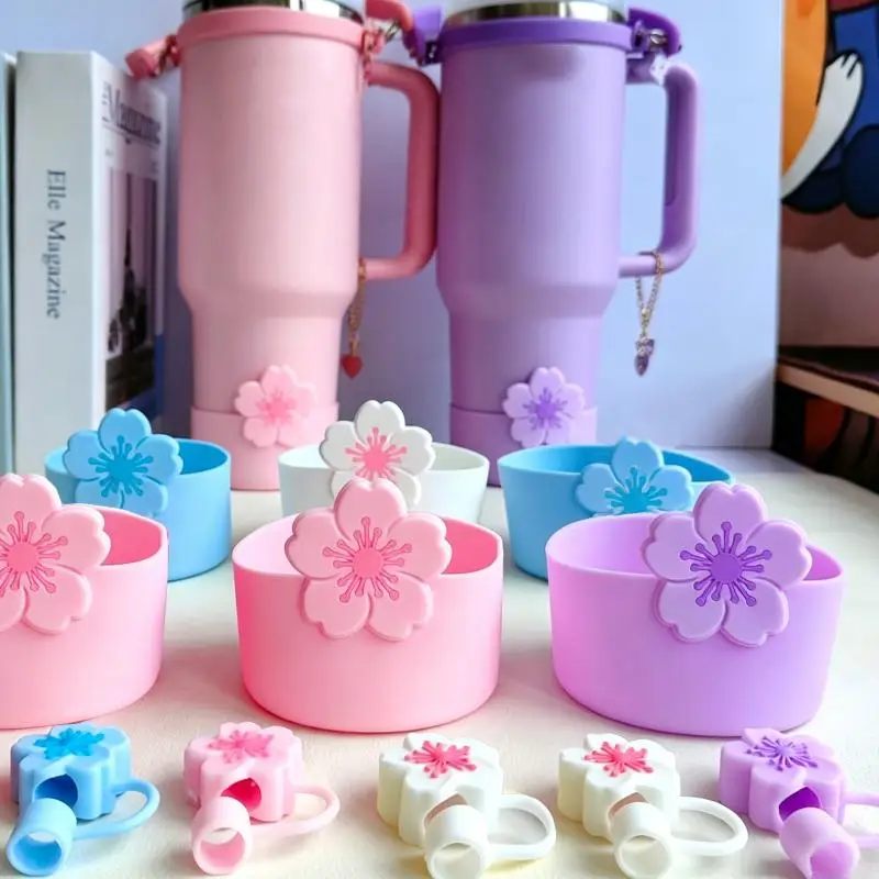 【M】Tumbler Straw Cover & Water Bottle Silicone Boot & Tumbler Charm Set, Begonia Shape Straws Lid Cap And Tumbler Charm Pendant