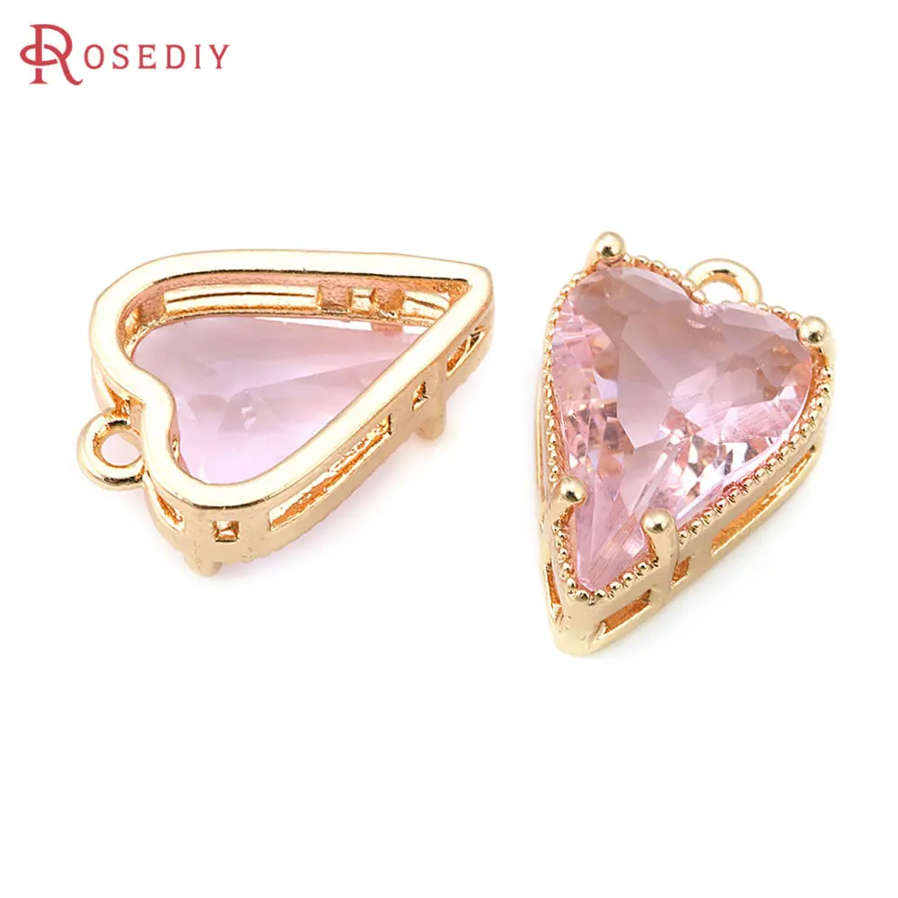 10PCS 18K Gold Color Brass and Glass Heart Charms Pendants High Quality Jewelry Making Necklace Earrings Accessories for Women