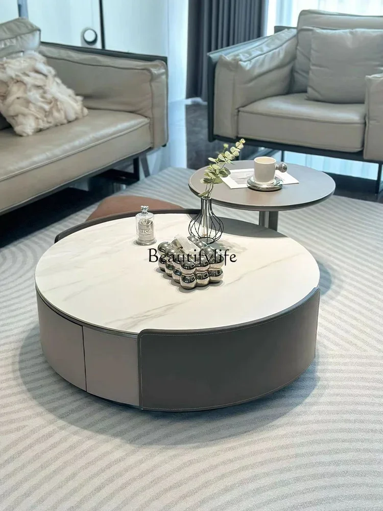 안장 가죽 사이즈 원형 커피 테이블 암석 조각판 라이트 럭셔리 이탈리아 미니멀리스트