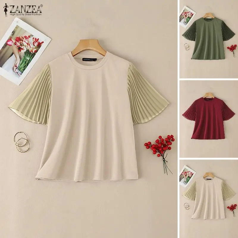 Elegante Damen O-Ausschnitt Kurzarm Arbeitsbluse 2026 ZANZEA Sommer-Shirt Stilvolle Einfarbige Tunika Lässige Bürokleidung Blusas Femme