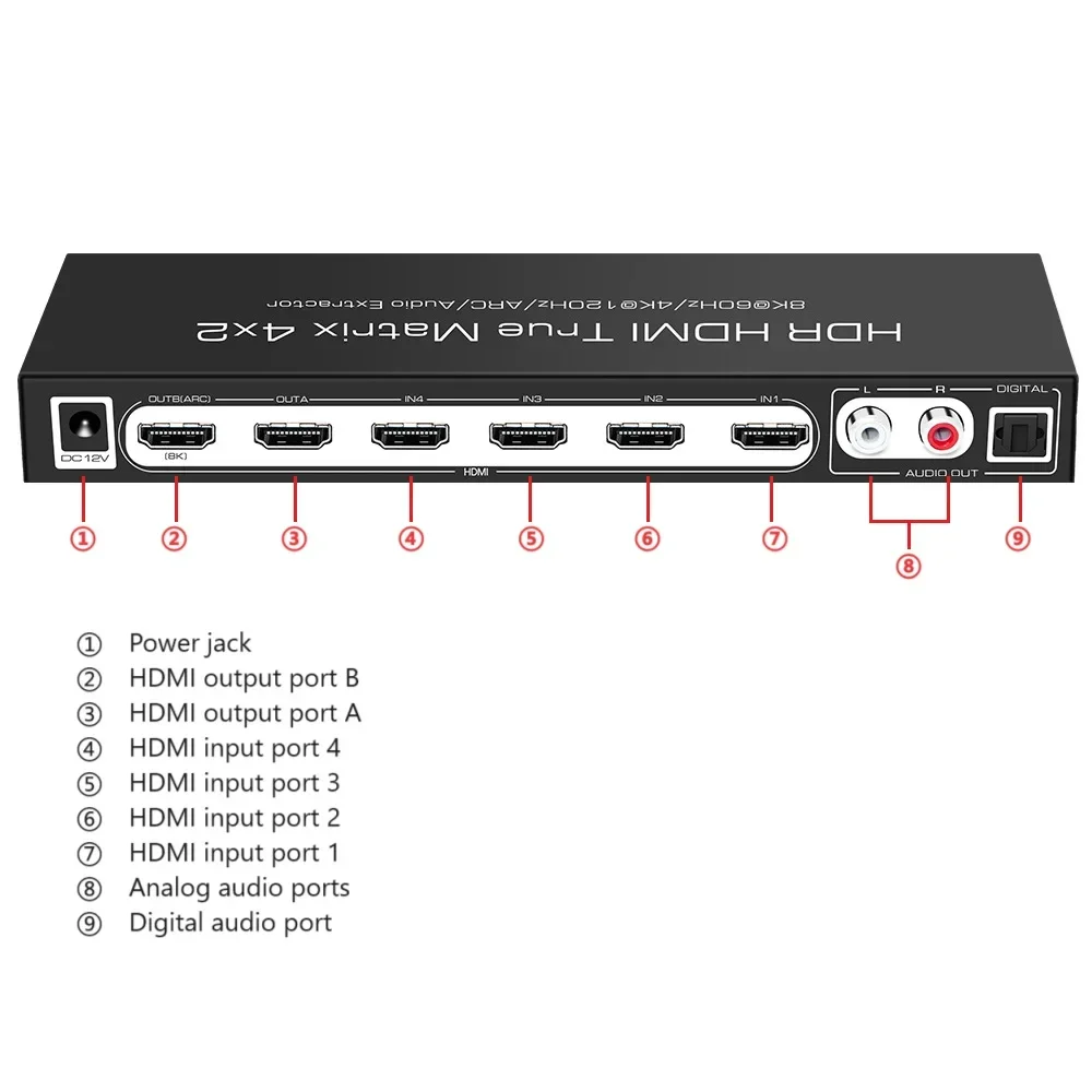 8K HDMI-متوافق 2.1 مصفوفة الجلاد 4 في 2 خارج ARC إلى SPDIF 2CH مستخرج الصوت 4K @ 120 هرتز ALLM VRR Dolby Vision Atmos HDR 10+