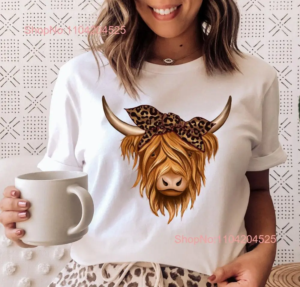 Highland Cow Leopard Cute T Shirt Shaggy For Mom s Her Heifer Ranch Farmer Cowgirl long or short sleeves