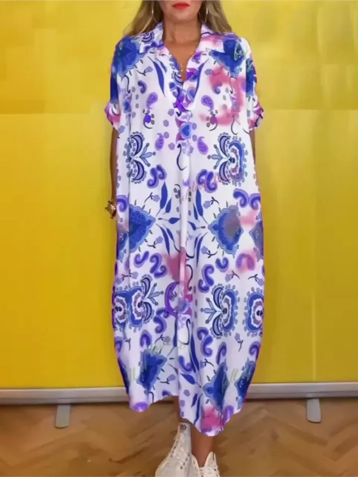 Abito da donna con stampa alla moda Abiti casual con scollo a V a maniche corte Abiti larghi per le donne Boho Holiday Beach Gonne Abbigliamento da donna Estate