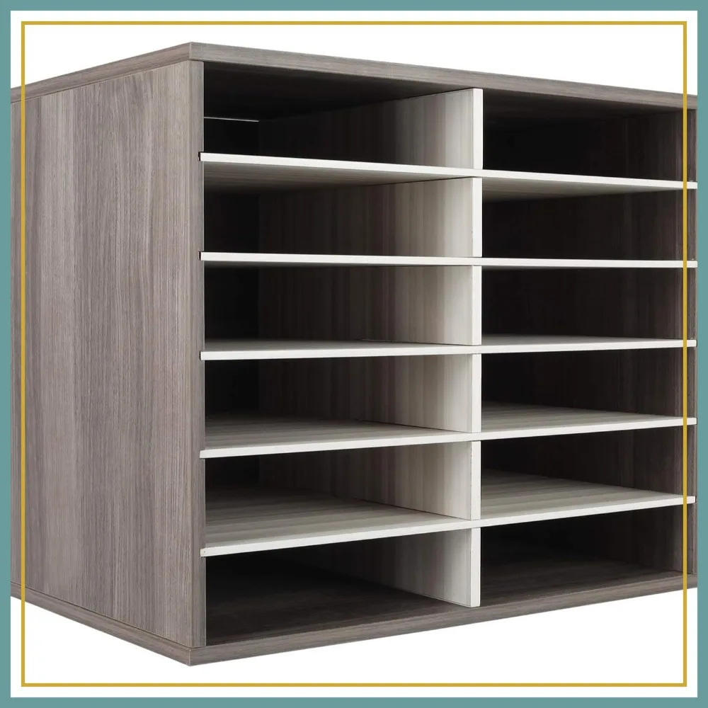 

12-Slot Wood Literature Organizer, Holds 6000 Sheets A4 Paper, Adjustable Shelves, Retro Grey/White for Office Home Classroom