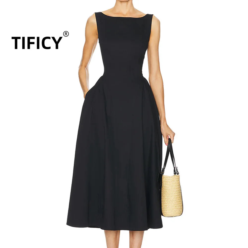 

High Street Black Dresses Women's Spring New French Minimalist Waist Design Vacation Style Minimally Casual Long Dress