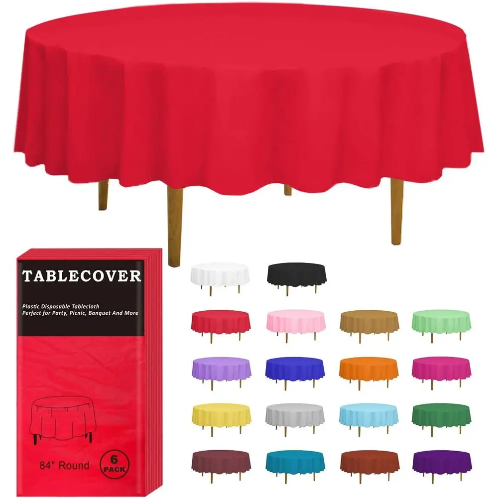 

Red 84 Round Disposable Tablecloths, 6-Pack, Ideal for Outdoor & Indoor Events, Party, Picnic, Wedding, Birthday Dinner