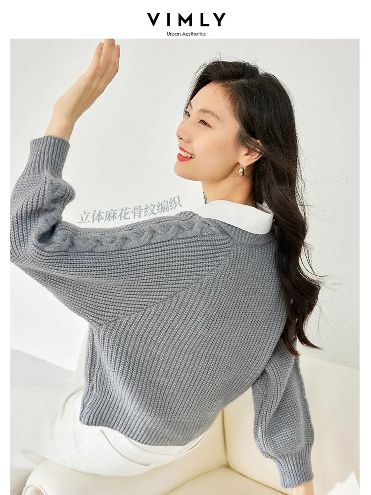 Vimly Contrast Shirt Collar Pullovers Cable Knit Sweaters for Women Long Sleeve Tops Jumpers Autumn Winter Clothes 72705