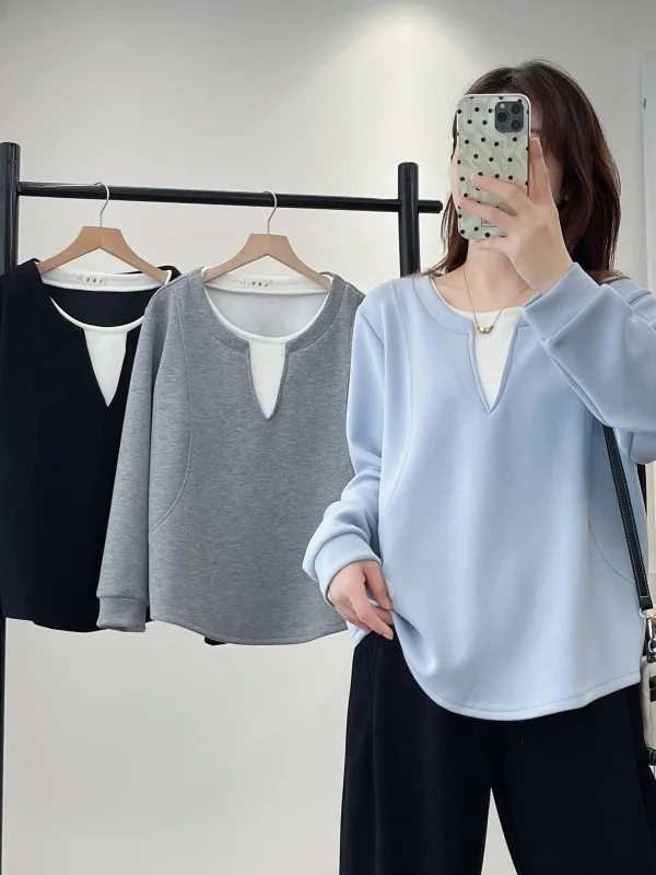 

Korean Style round Neck Long Sleeve Color Block Sweatshirt Oversized Shoulder Design Autumn New Arrival Women's Comfortable P...