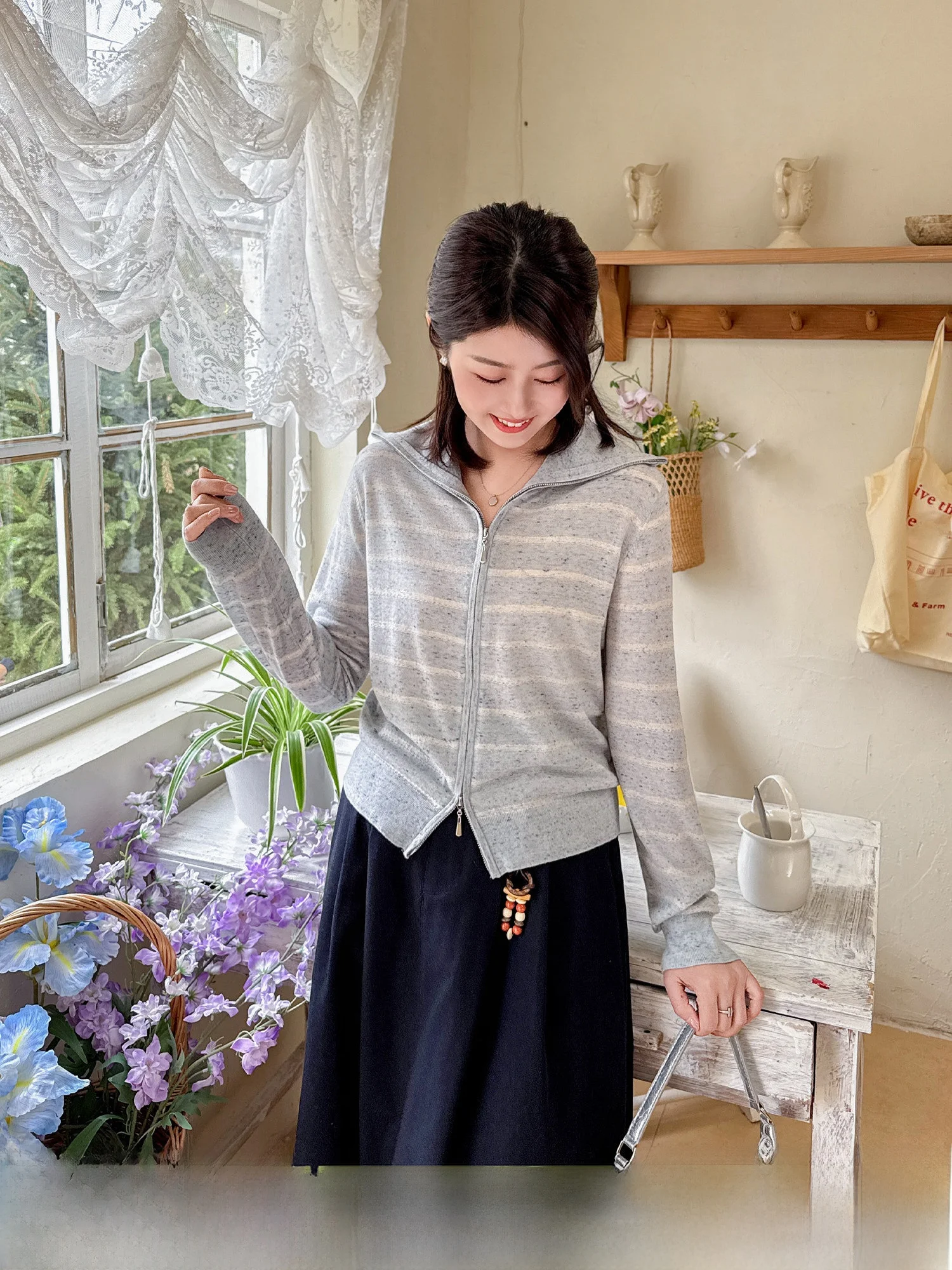 

Loose Style Knitted Cardigan Long Sleeve Striped Double Zipper Large Collar Double Breasted Long Sleeve Knitted Open Shirt Top