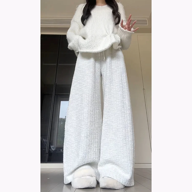 Pantalones de pierna ancha holgados informales para mujer Otoño Invierno nuevos pantalones coreanos de punto de cintura alta drapeados hasta el suelo