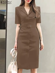 ZANZEA Summer Fashion Lapel Neck Sundress Elegant OL Work Dress Short Sleeve Pencil Dresses Vintage Party Solid Robe Oversized