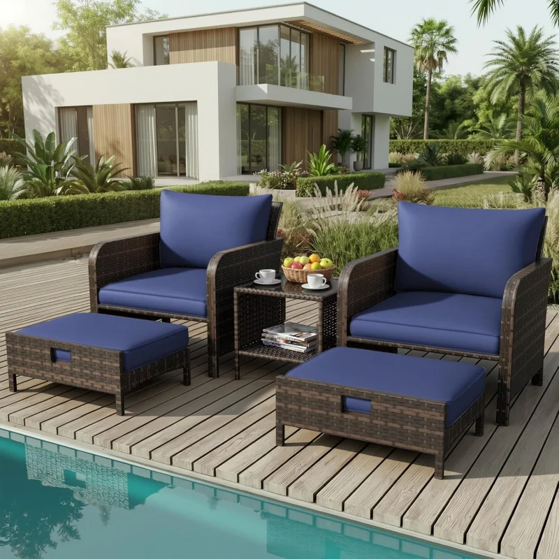 

2026：Patio Conversation Set 5 Piece, Balcony Furniture Outdoor PE Rattan Wicker Lounge Chairs with Soft Cushions, 2